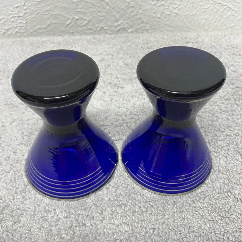 Vintage Set of 2 Cobalt Blue Cocktail‎ Glasses with Silver Platinum Banding MCM
